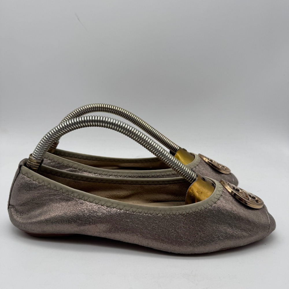 Tory‎ Burch Metallic Pewter Ballet Flats Embellished Logo Women's Shoes